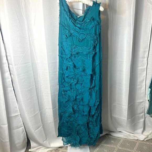 Ilenia M. Made in Italy Silk Fringe Maxi Dress in Teal - Size L - Picture 6 of 8